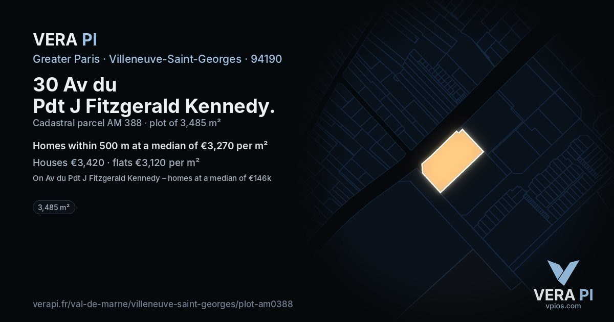 30 Av du Pdt J Fitzgerald Kennedy, Villeneuve-Saint-Georges at night – the plot lit, the parcels around coloured by the prices near them