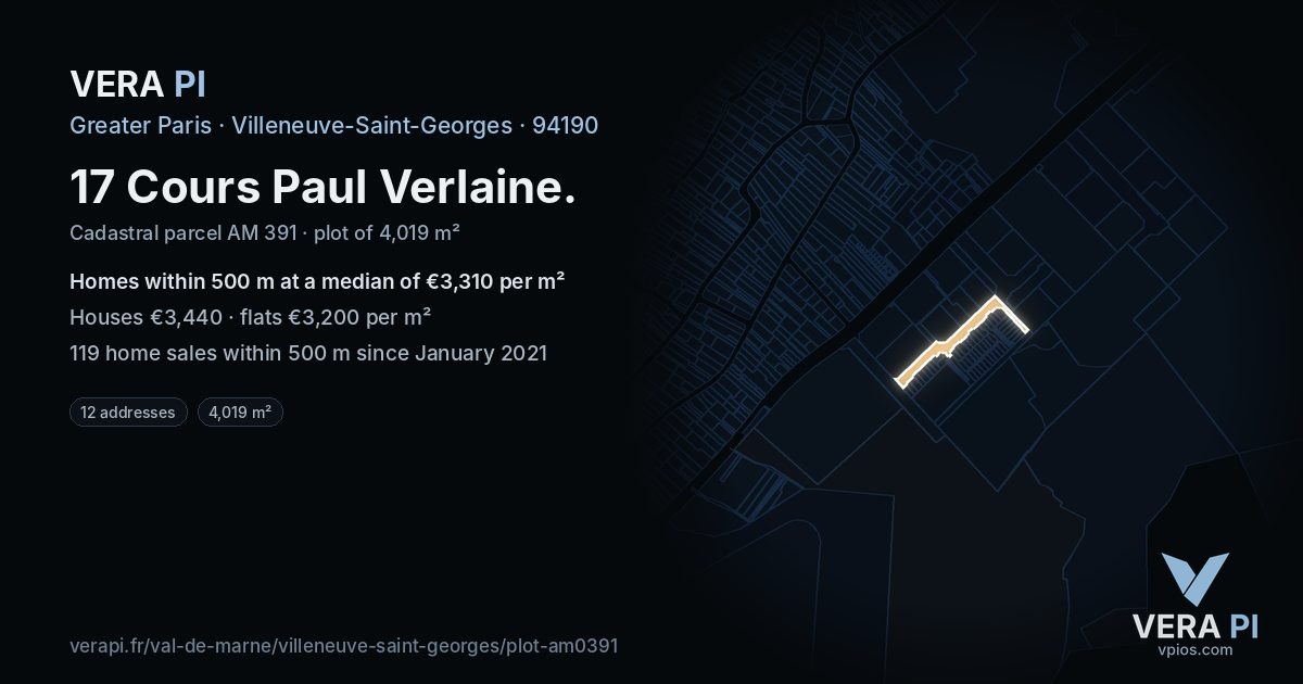 17 Cours Paul Verlaine, Villeneuve-Saint-Georges at night – the plot lit, the parcels around coloured by the prices near them