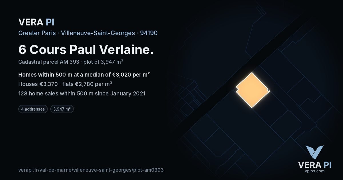 6 Cours Paul Verlaine, Villeneuve-Saint-Georges at night – the plot lit, the parcels around coloured by the prices near them