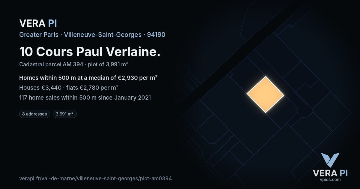 10 Cours Paul Verlaine, Villeneuve-Saint-Georges at night – the plot lit, the parcels around coloured by the prices near them