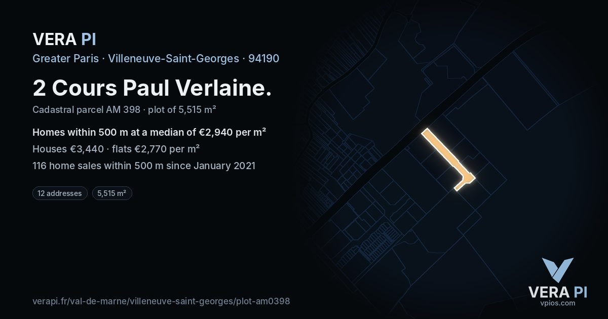 2 Cours Paul Verlaine, Villeneuve-Saint-Georges at night – the plot lit, the parcels around coloured by the prices near them
