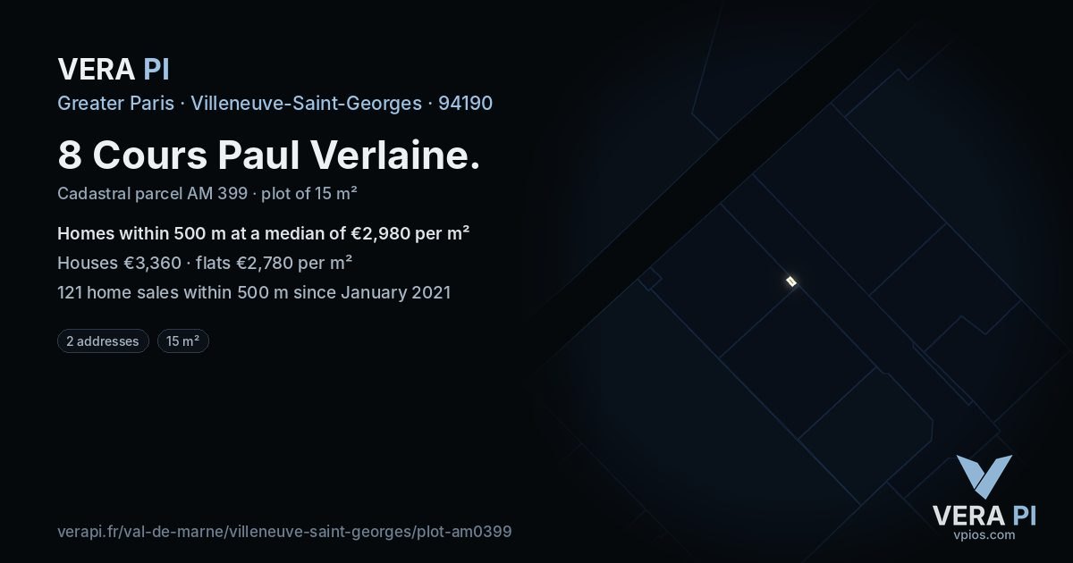 8 Cours Paul Verlaine, Villeneuve-Saint-Georges at night – the plot lit, the parcels around coloured by the prices near them