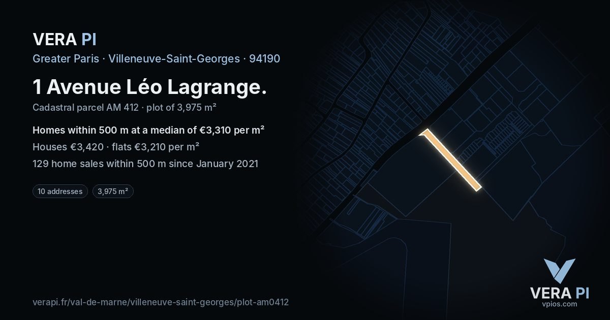 1 Avenue Léo Lagrange, Villeneuve-Saint-Georges at night – the plot lit, the parcels around coloured by the prices near them