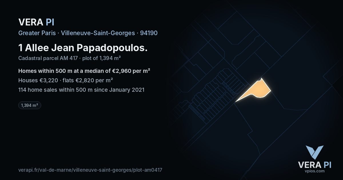 1 Allee Jean Papadopoulos, Villeneuve-Saint-Georges at night – the plot lit, the parcels around coloured by the prices near them