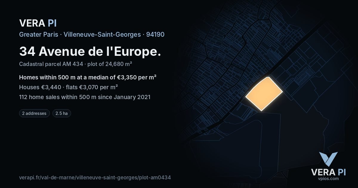 34 Avenue de l'Europe, Villeneuve-Saint-Georges at night – the plot lit, the parcels around coloured by the prices near them