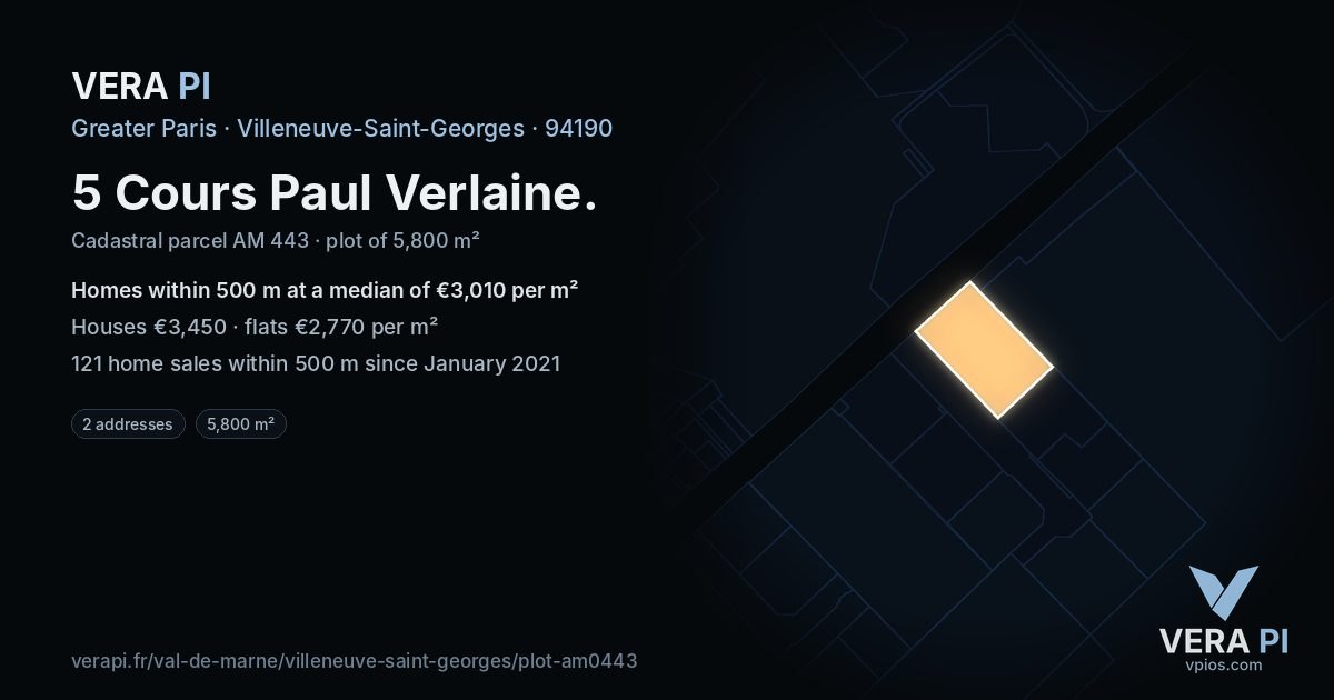 5 Cours Paul Verlaine, Villeneuve-Saint-Georges at night – the plot lit, the parcels around coloured by the prices near them