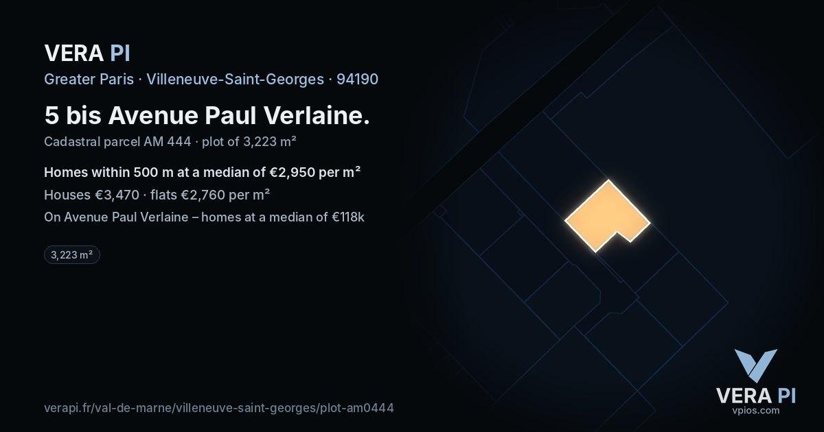 5 bis Avenue Paul Verlaine, Villeneuve-Saint-Georges at night – the plot lit, the parcels around coloured by the prices near them