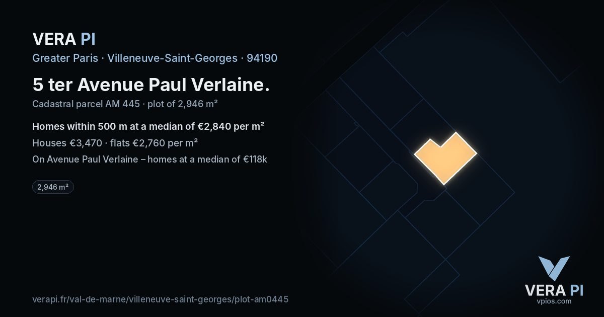 5 ter Avenue Paul Verlaine, Villeneuve-Saint-Georges at night – the plot lit, the parcels around coloured by the prices near them