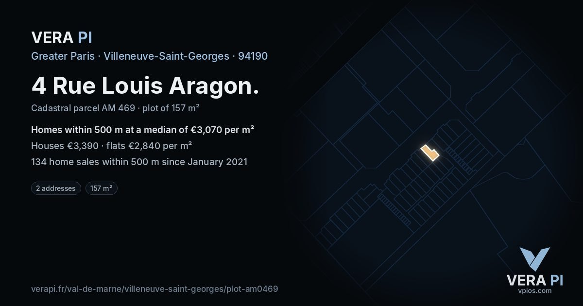 4 Rue Louis Aragon, Villeneuve-Saint-Georges at night – the plot lit, the parcels around coloured by the prices near them