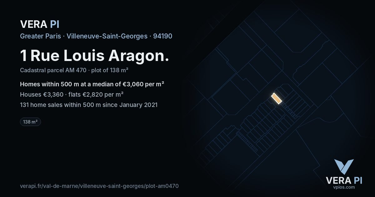 1 Rue Louis Aragon, Villeneuve-Saint-Georges at night – the plot lit, the parcels around coloured by the prices near them