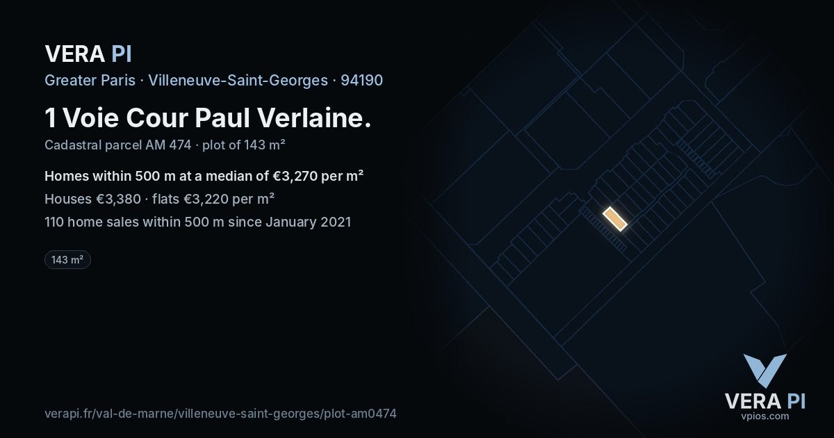 1 Voie Cour Paul Verlaine, Villeneuve-Saint-Georges at night – the plot lit, the parcels around coloured by the prices near them