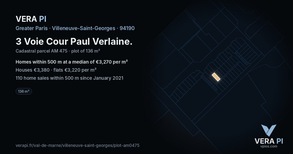 3 Voie Cour Paul Verlaine, Villeneuve-Saint-Georges at night – the plot lit, the parcels around coloured by the prices near them