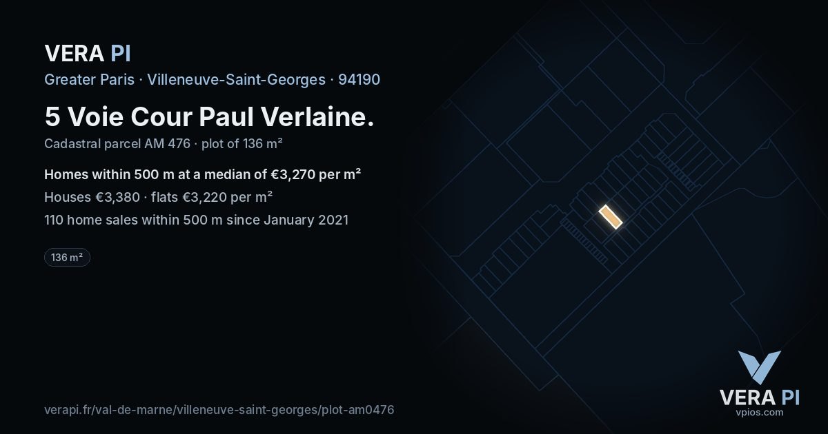 5 Voie Cour Paul Verlaine, Villeneuve-Saint-Georges at night – the plot lit, the parcels around coloured by the prices near them