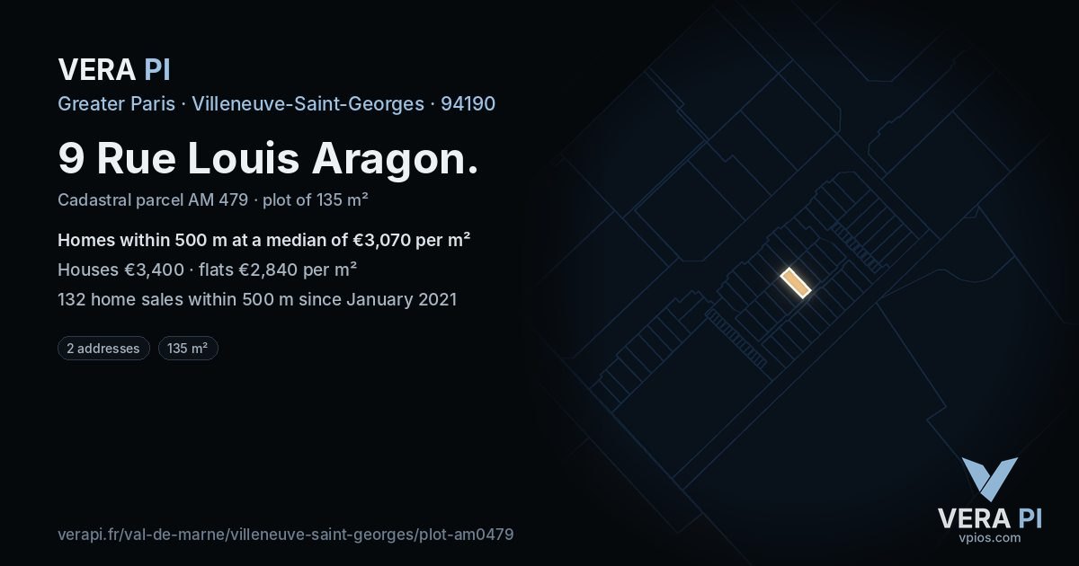 9 Rue Louis Aragon, Villeneuve-Saint-Georges at night – the plot lit, the parcels around coloured by the prices near them