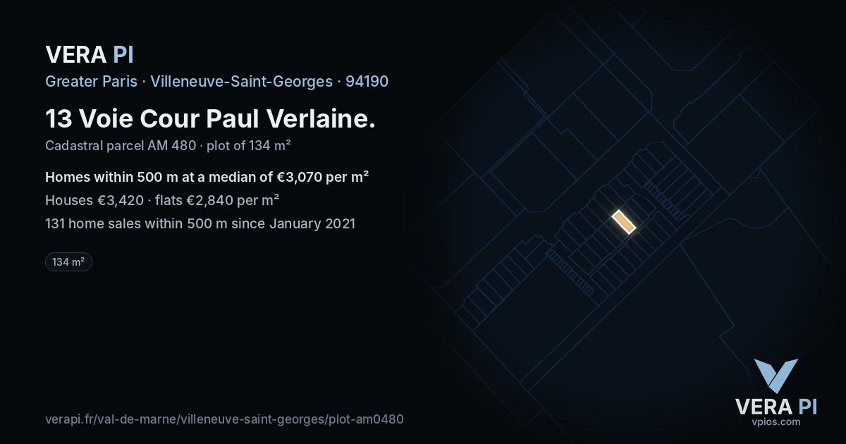 13 Voie Cour Paul Verlaine, Villeneuve-Saint-Georges at night – the plot lit, the parcels around coloured by the prices near them