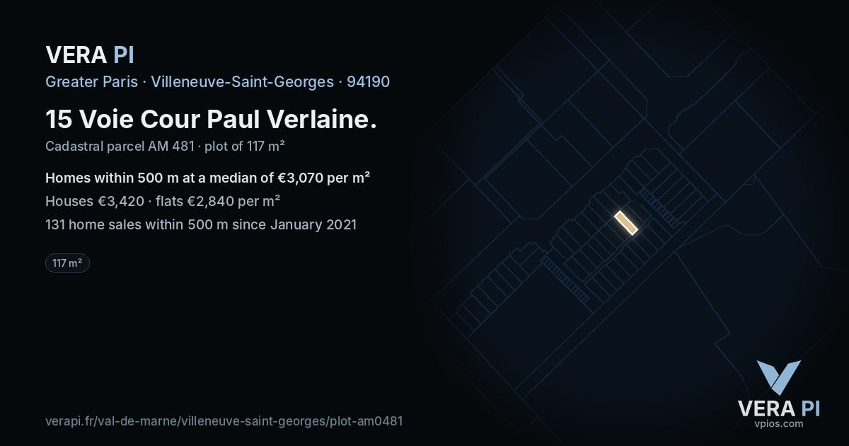 15 Voie Cour Paul Verlaine, Villeneuve-Saint-Georges at night – the plot lit, the parcels around coloured by the prices near them