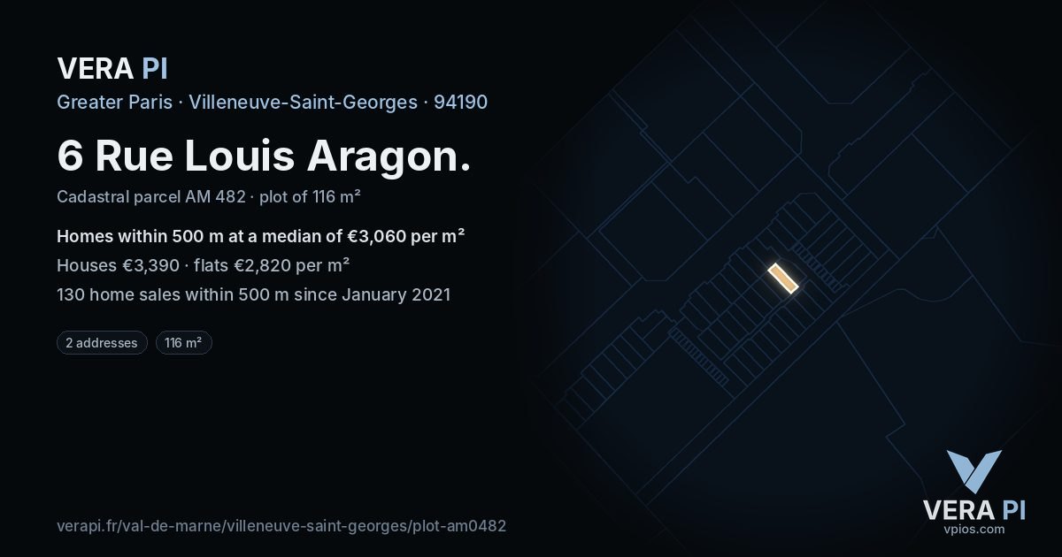 6 Rue Louis Aragon, Villeneuve-Saint-Georges at night – the plot lit, the parcels around coloured by the prices near them