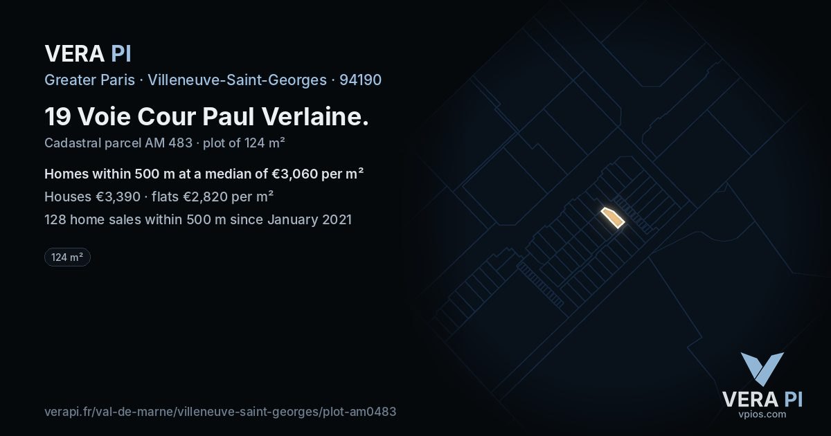 19 Voie Cour Paul Verlaine, Villeneuve-Saint-Georges at night – the plot lit, the parcels around coloured by the prices near them