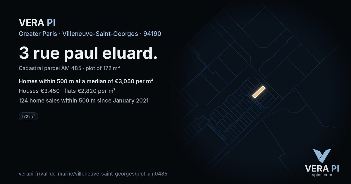 3 rue paul eluard, Villeneuve-Saint-Georges at night – the plot lit, the parcels around coloured by the prices near them