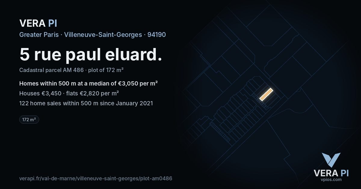 5 rue paul eluard, Villeneuve-Saint-Georges at night – the plot lit, the parcels around coloured by the prices near them