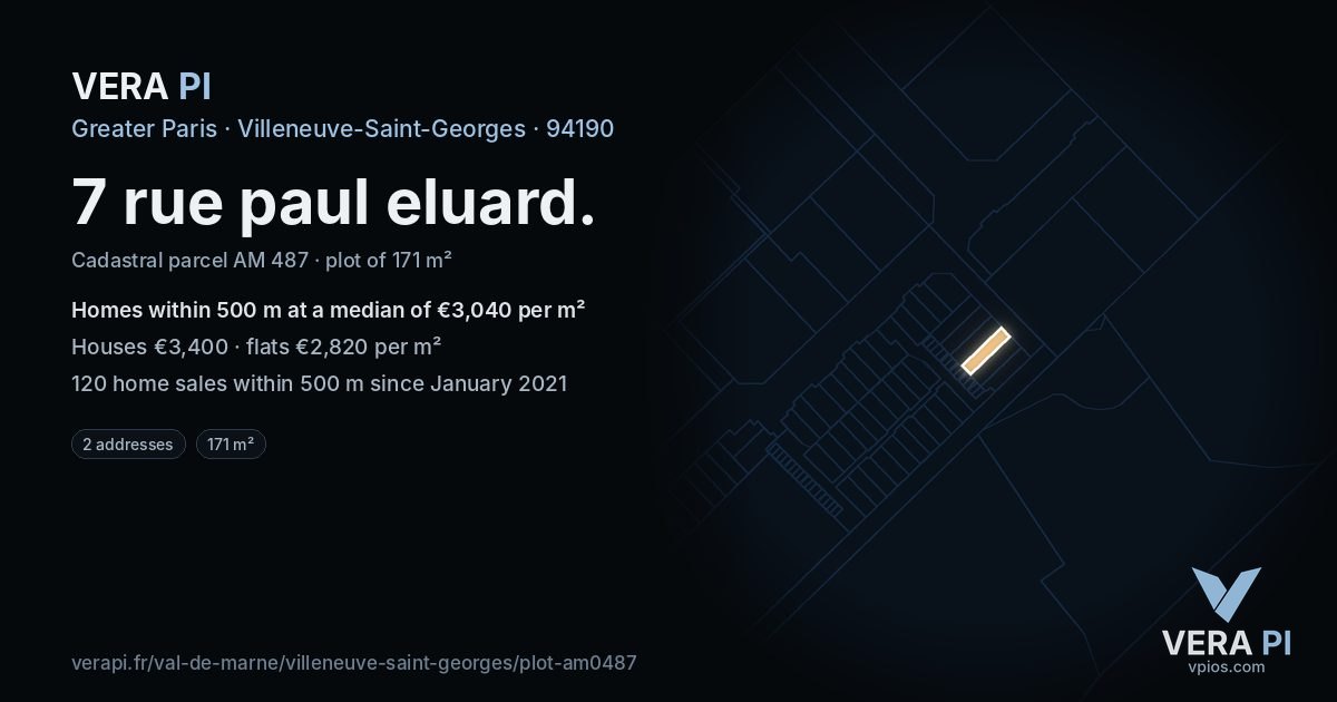 7 rue paul eluard, Villeneuve-Saint-Georges at night – the plot lit, the parcels around coloured by the prices near them