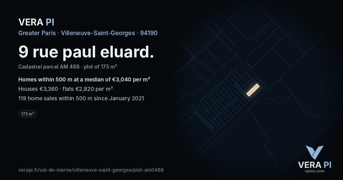 9 rue paul eluard, Villeneuve-Saint-Georges at night – the plot lit, the parcels around coloured by the prices near them