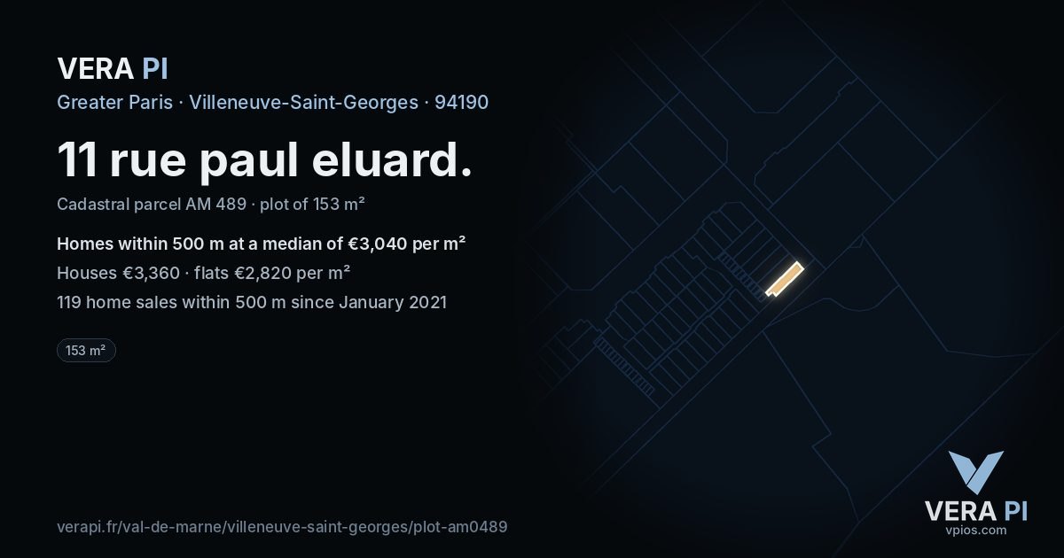 11 rue paul eluard, Villeneuve-Saint-Georges at night – the plot lit, the parcels around coloured by the prices near them