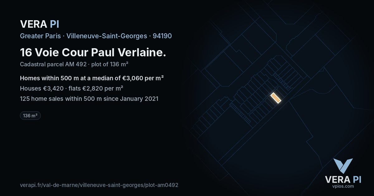 16 Voie Cour Paul Verlaine, Villeneuve-Saint-Georges at night – the plot lit, the parcels around coloured by the prices near them