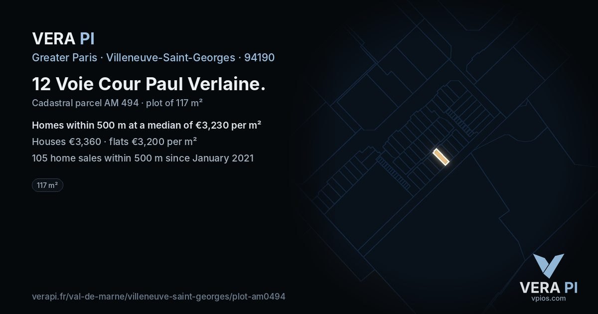 12 Voie Cour Paul Verlaine, Villeneuve-Saint-Georges at night – the plot lit, the parcels around coloured by the prices near them