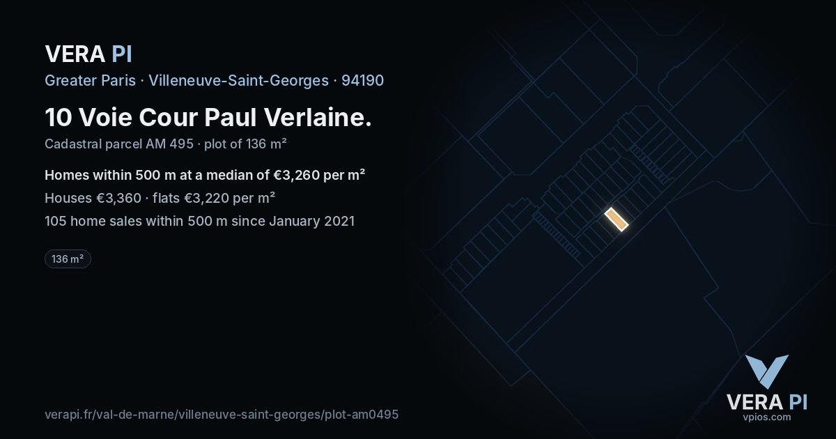 10 Voie Cour Paul Verlaine, Villeneuve-Saint-Georges at night – the plot lit, the parcels around coloured by the prices near them