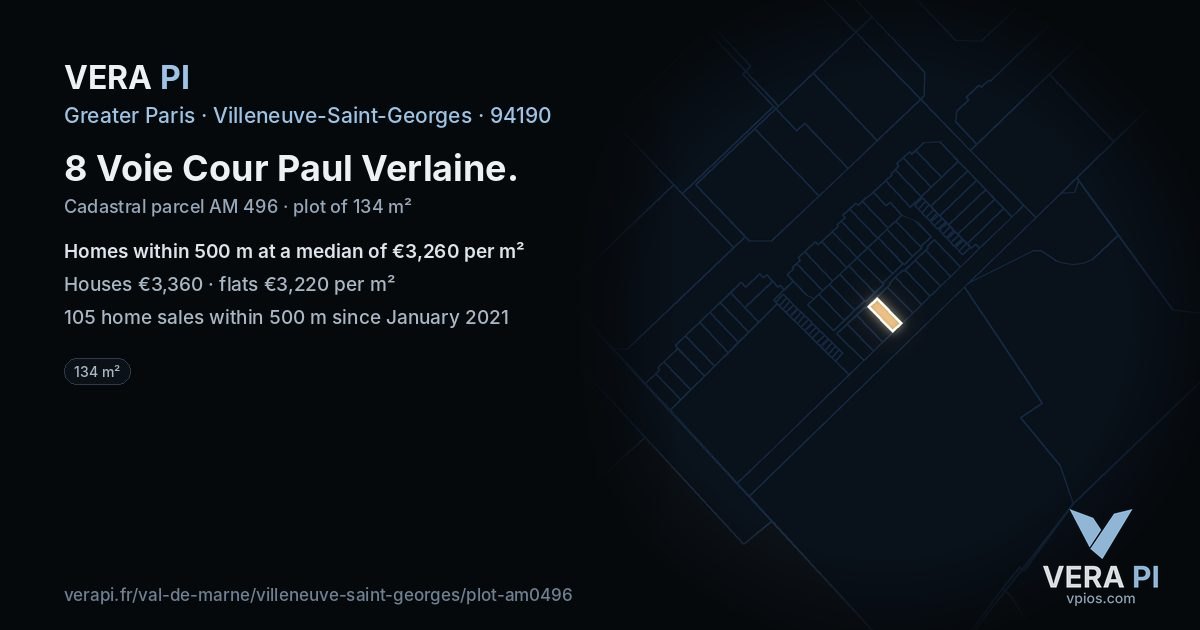 8 Voie Cour Paul Verlaine, Villeneuve-Saint-Georges at night – the plot lit, the parcels around coloured by the prices near them