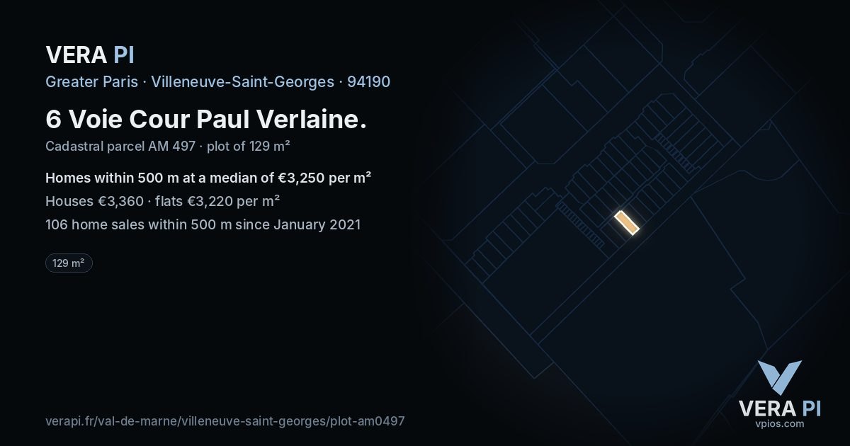6 Voie Cour Paul Verlaine, Villeneuve-Saint-Georges at night – the plot lit, the parcels around coloured by the prices near them