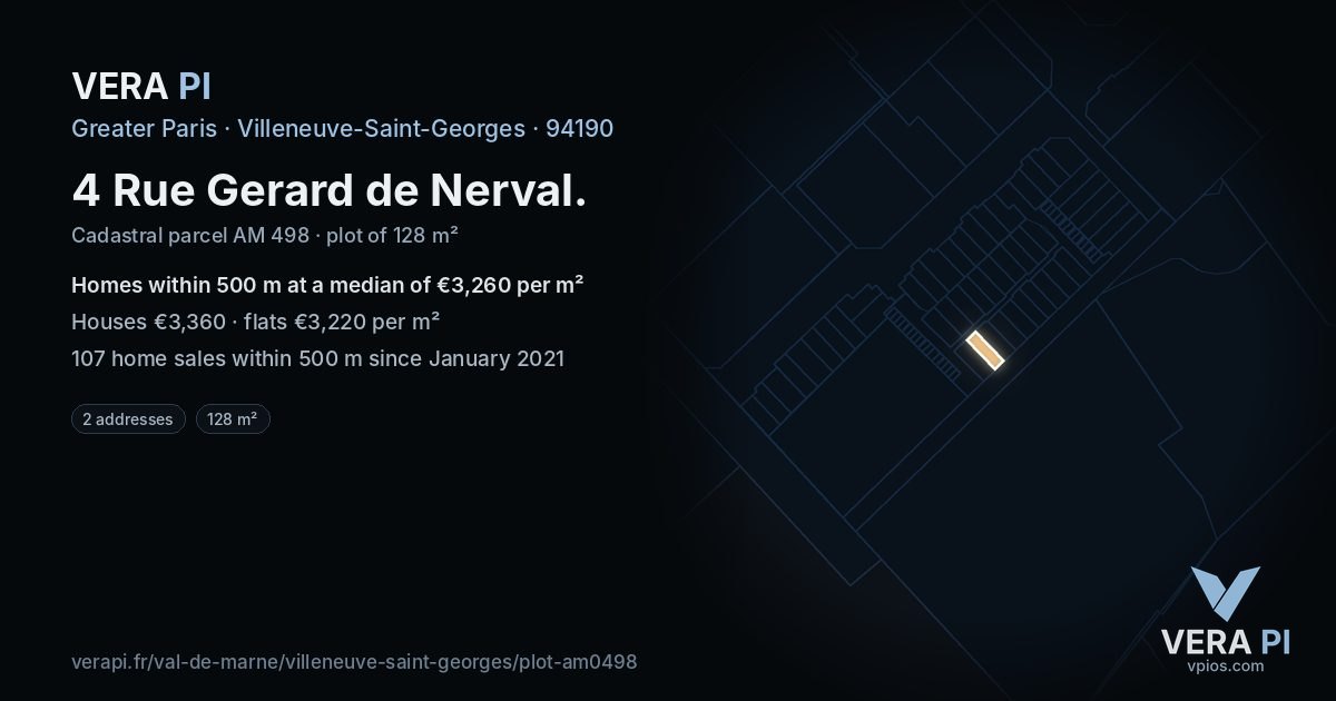 4 Rue Gerard de Nerval, Villeneuve-Saint-Georges at night – the plot lit, the parcels around coloured by the prices near them