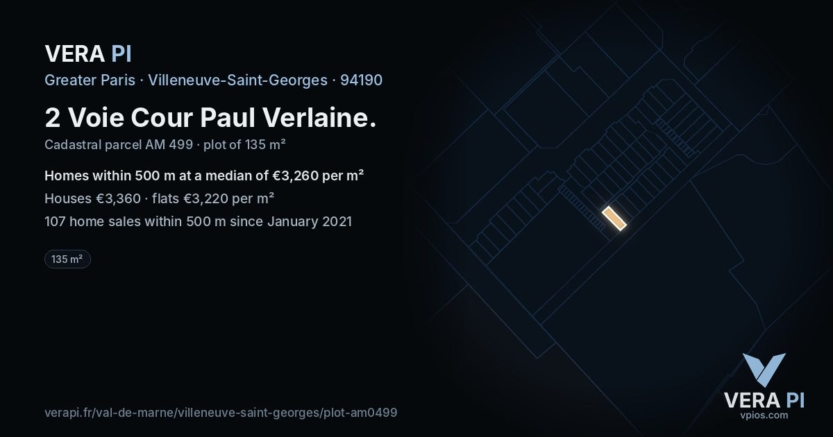 2 Voie Cour Paul Verlaine, Villeneuve-Saint-Georges at night – the plot lit, the parcels around coloured by the prices near them
