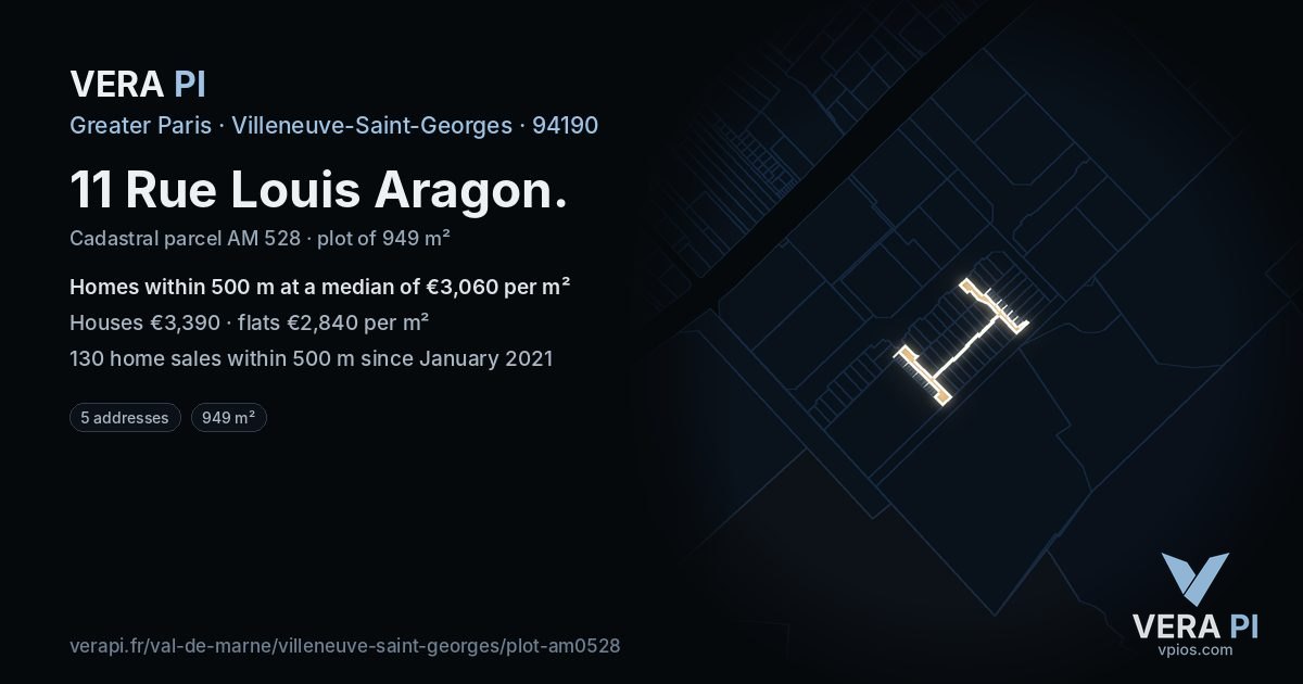 11 Rue Louis Aragon, Villeneuve-Saint-Georges at night – the plot lit, the parcels around coloured by the prices near them