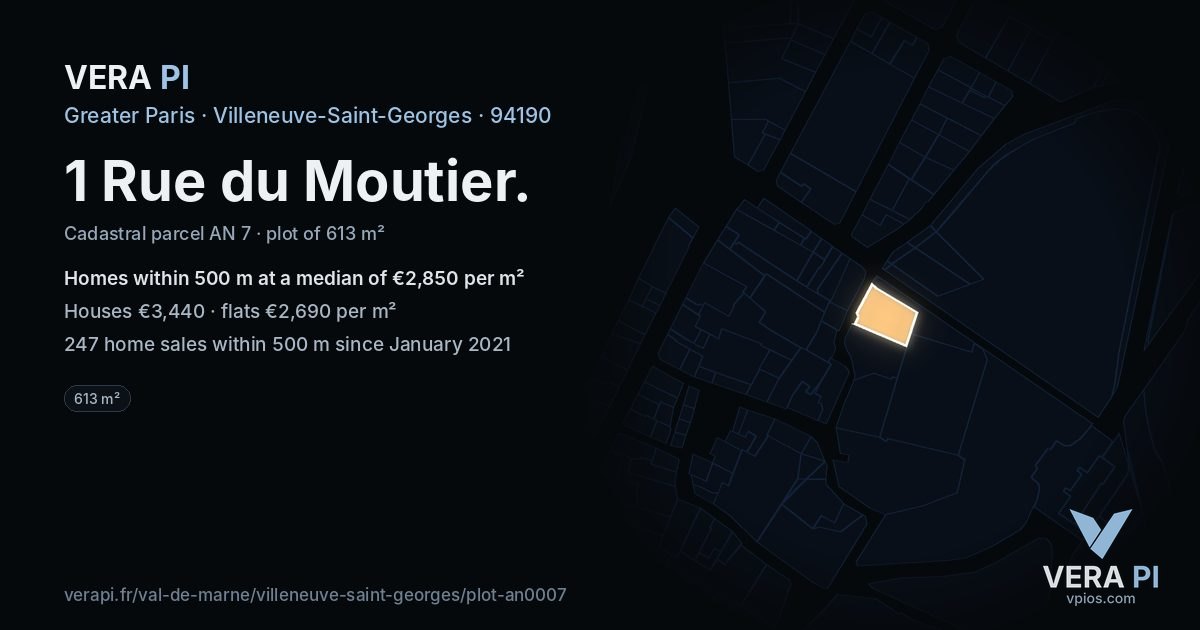 1 Rue du Moutier, Villeneuve-Saint-Georges at night – the plot lit, the parcels around coloured by the prices near them