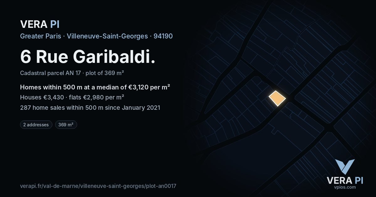 6 Rue Garibaldi, Villeneuve-Saint-Georges at night – the plot lit, the parcels around coloured by the prices near them
