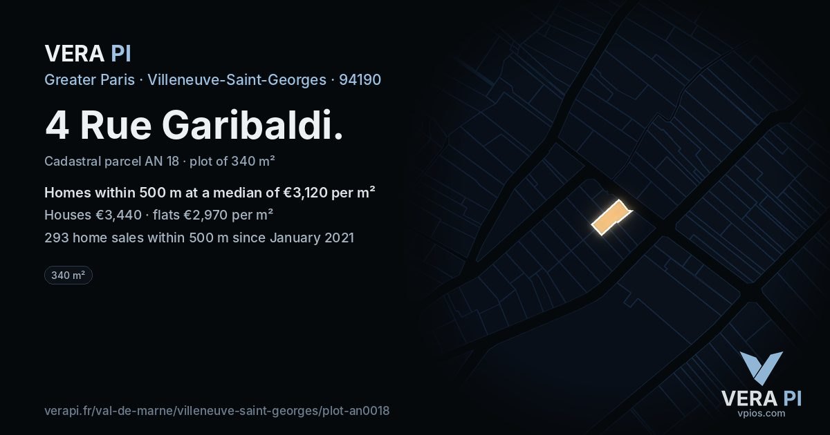 4 Rue Garibaldi, Villeneuve-Saint-Georges at night – the plot lit, the parcels around coloured by the prices near them