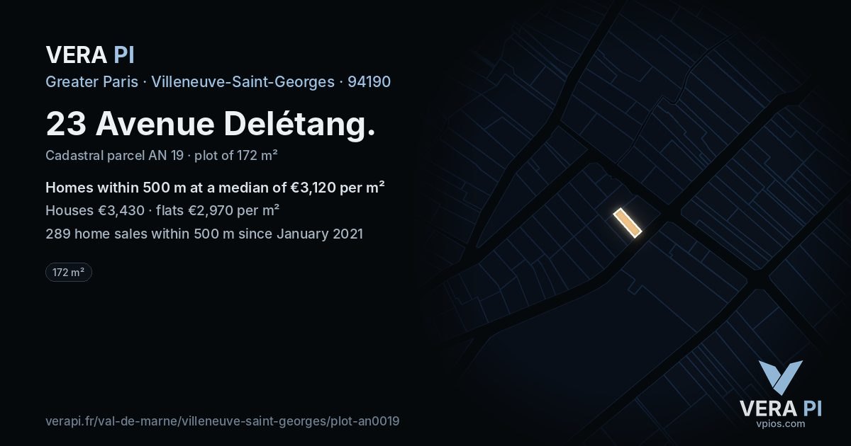 23 Avenue Delétang, Villeneuve-Saint-Georges at night – the plot lit, the parcels around coloured by the prices near them