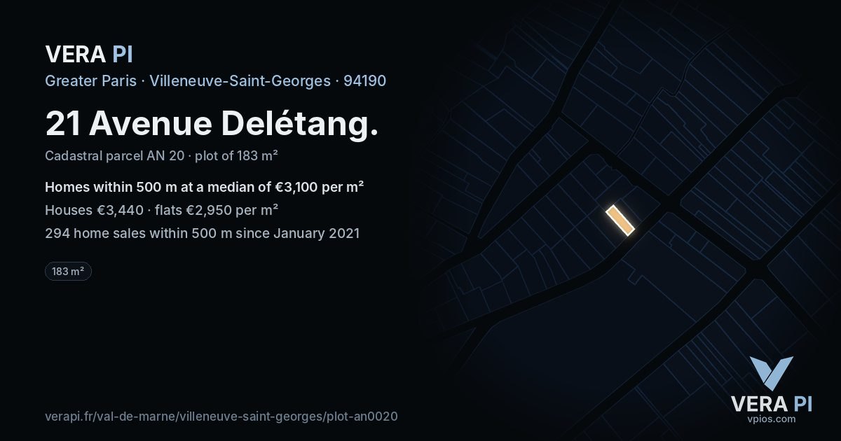 21 Avenue Delétang, Villeneuve-Saint-Georges at night – the plot lit, the parcels around coloured by the prices near them