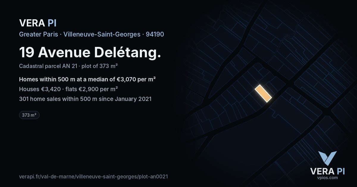 19 Avenue Delétang, Villeneuve-Saint-Georges at night – the plot lit, the parcels around coloured by the prices near them
