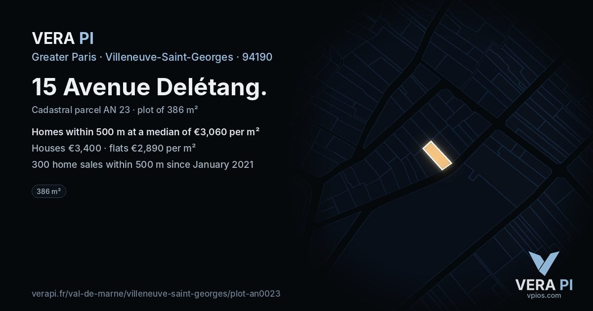 15 Avenue Delétang, Villeneuve-Saint-Georges at night – the plot lit, the parcels around coloured by the prices near them
