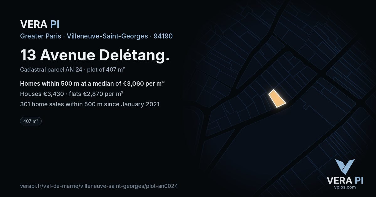13 Avenue Delétang, Villeneuve-Saint-Georges at night – the plot lit, the parcels around coloured by the prices near them