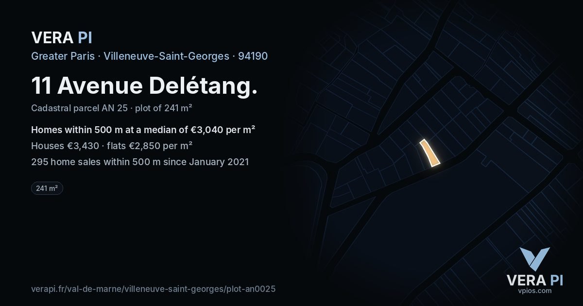 11 Avenue Delétang, Villeneuve-Saint-Georges at night – the plot lit, the parcels around coloured by the prices near them