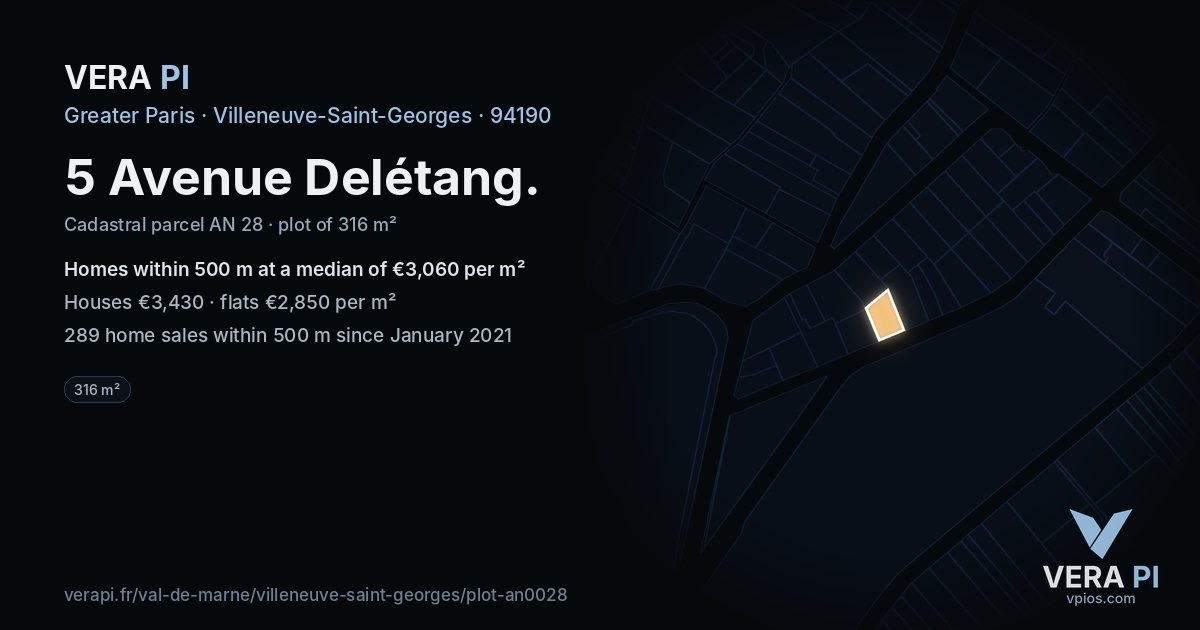 5 Avenue Delétang, Villeneuve-Saint-Georges at night – the plot lit, the parcels around coloured by the prices near them