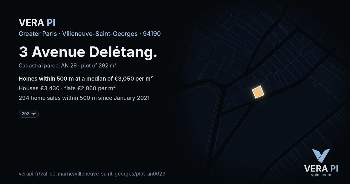 3 Avenue Delétang, Villeneuve-Saint-Georges at night – the plot lit, the parcels around coloured by the prices near them