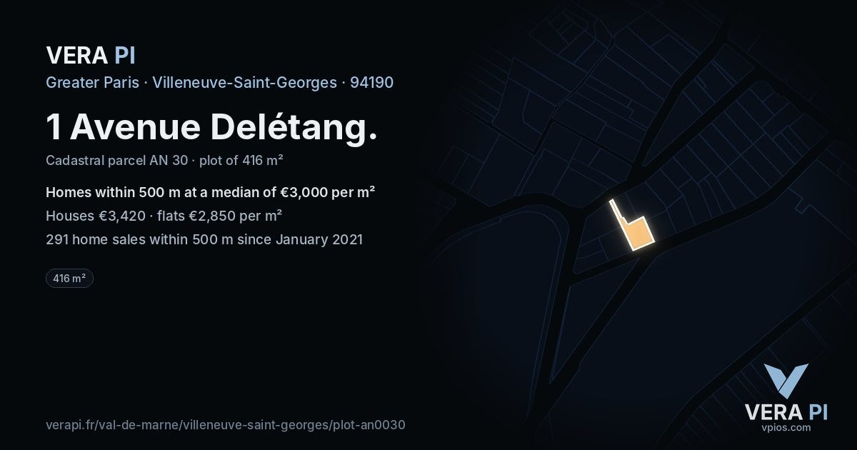 1 Avenue Delétang, Villeneuve-Saint-Georges at night – the plot lit, the parcels around coloured by the prices near them