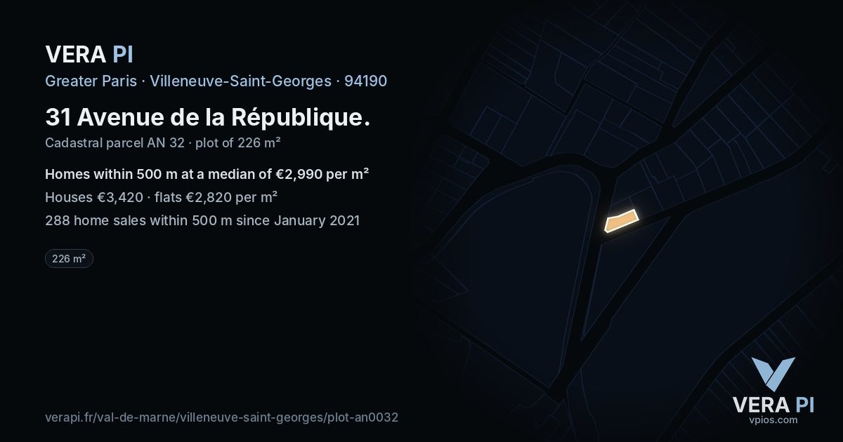 31 Avenue de la République, Villeneuve-Saint-Georges at night – the plot lit, the parcels around coloured by the prices near them
