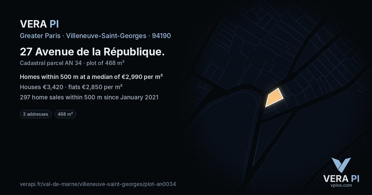 27 Avenue de la République, Villeneuve-Saint-Georges at night – the plot lit, the parcels around coloured by the prices near them