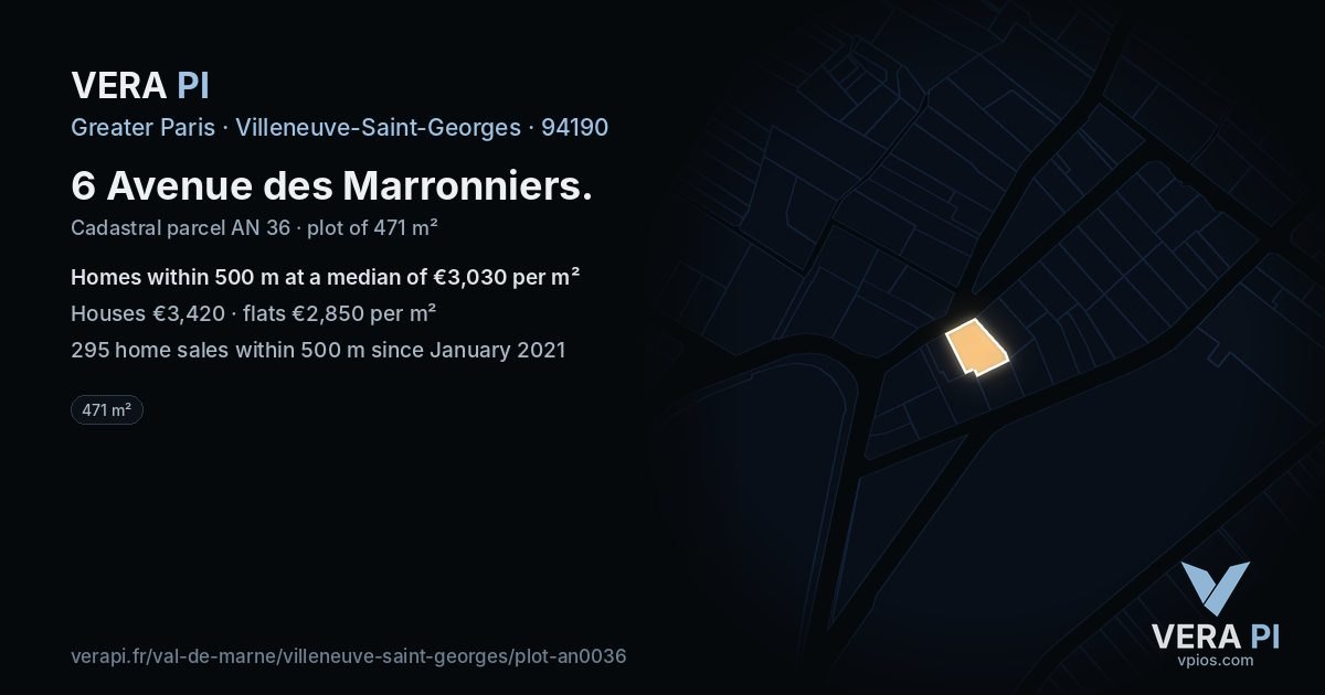 6 Avenue des Marronniers, Villeneuve-Saint-Georges at night – the plot lit, the parcels around coloured by the prices near them